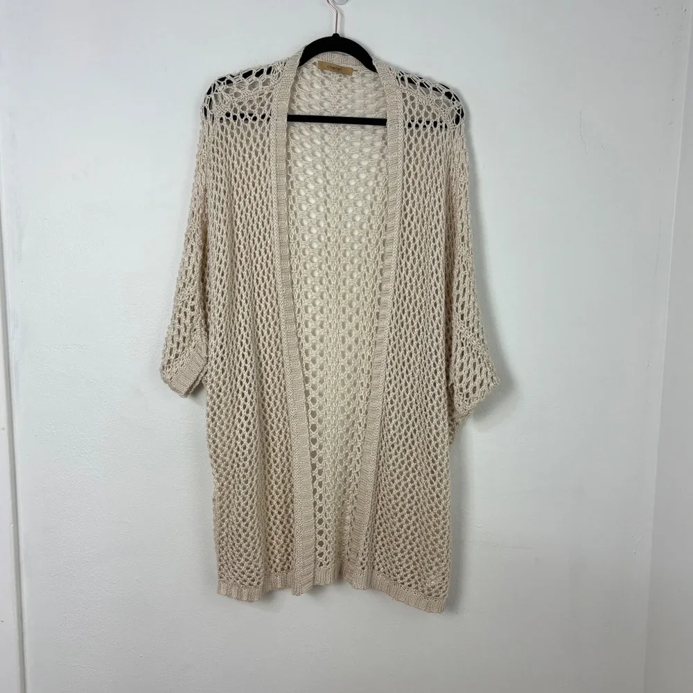 Cream Open Knit Netted Cardigan Beige Oatmeal Crochet Boho Kimono Sweater OS